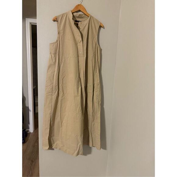 Banana Republic Size L Sleeveless Button Front Shirt Dress Tan Minimalist Midi - Picture 3 of 6